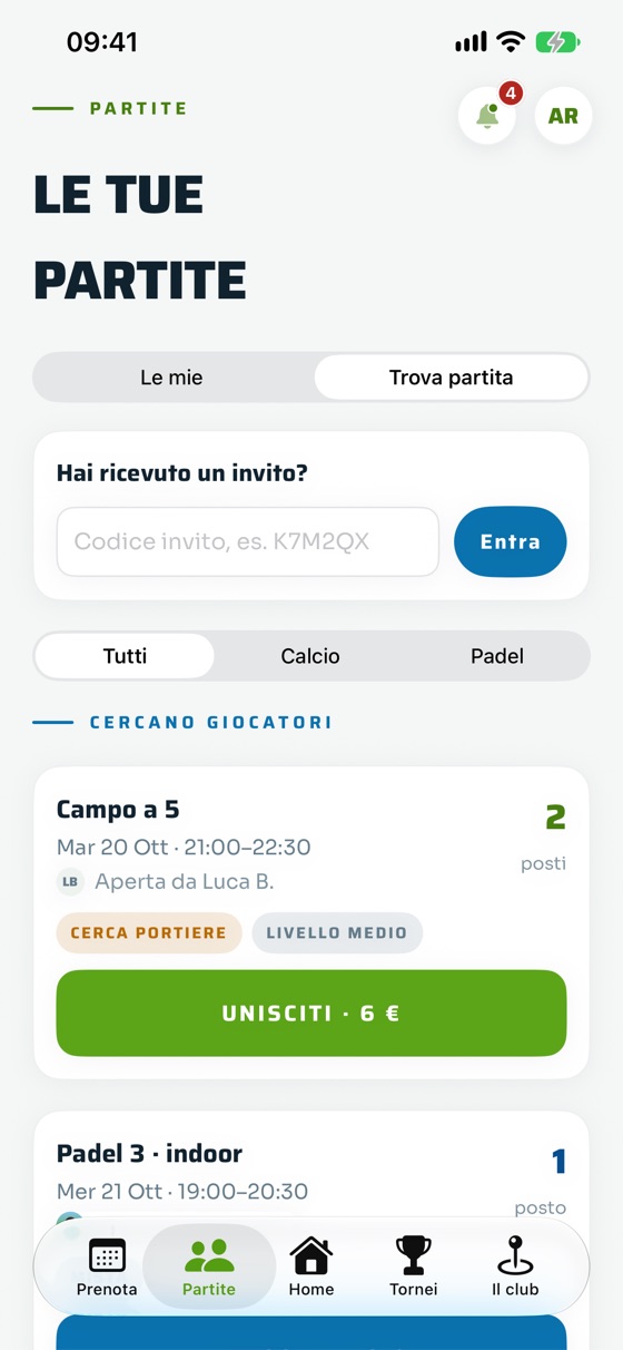 App GIKÈ CLUB: le partite aperte che cercano giocatori